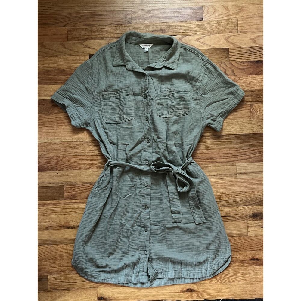 Green Gauze Button Down Shirt Dress with Tie Waist, 100% Cotton